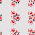 Seamless pattern with red hibiscus flowers